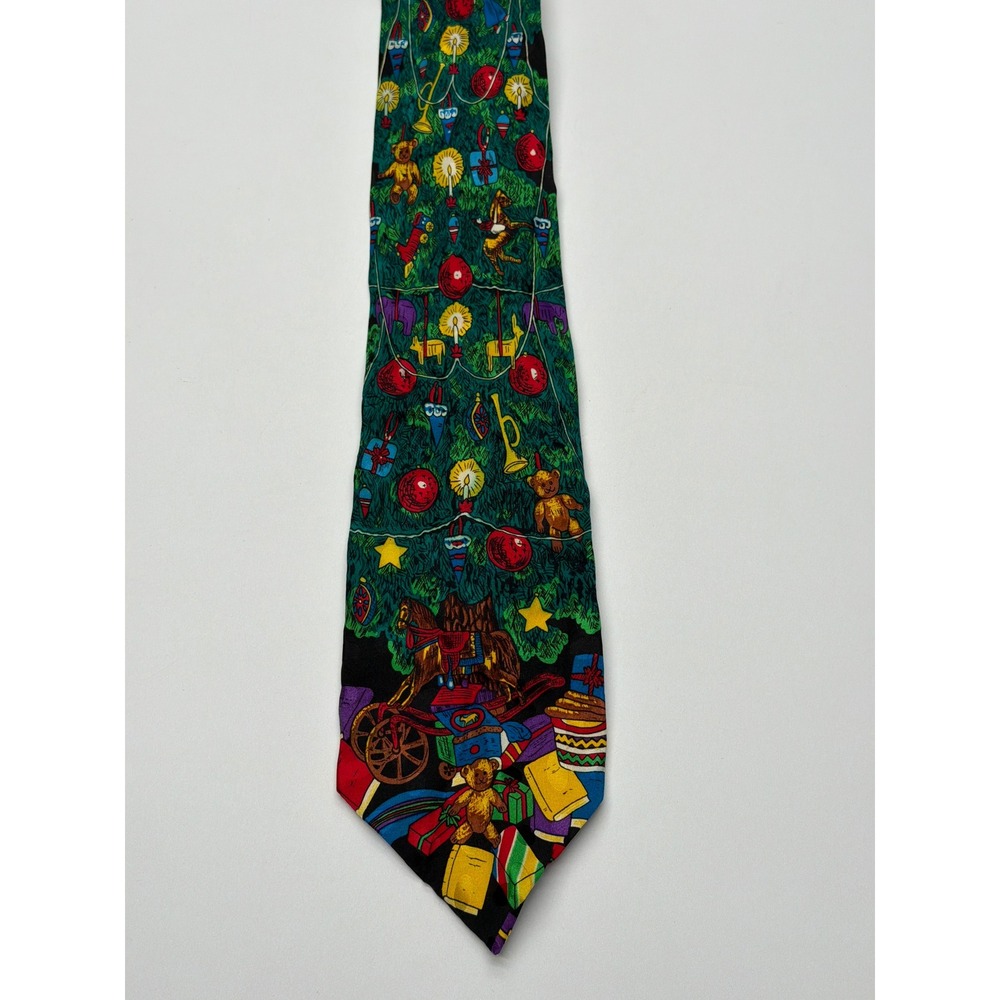 Addiction Mens Christmas Tree Teddy Bear Rocking Horse 100% Silk Tie Black Green